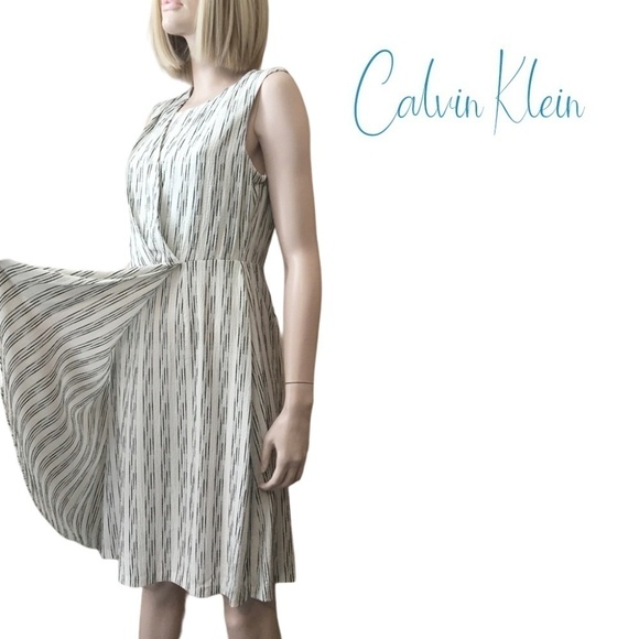Calvin KLEIN Dress Rayon Blend Stripe Draped Pleated Ruffle Flounce Versatile - Picture 10 of 16